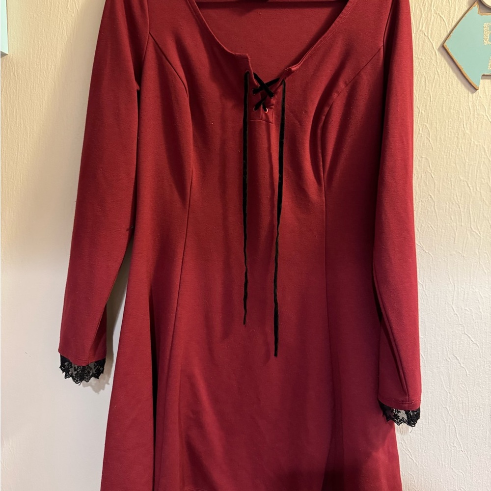 Hot Topic Burgundy Lace-Up Long Sleeve Dress